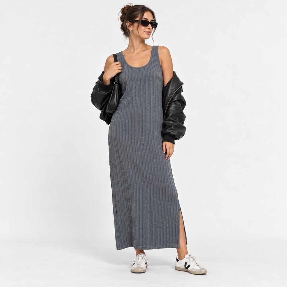 Cable Knit Maxi Tank Dress L Slate Blue Minimalist 90s Style Side Slit Layering